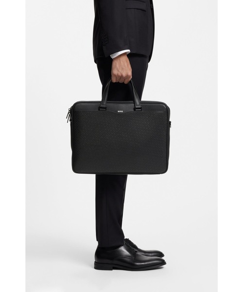 【美品】BOSS レザー ビジネスバッグ ブラック　本革 ドキュメントケース モノグラムパネル（ビジネスバッグ）｜BOSS（ボス