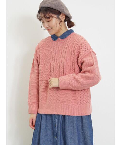 Samansa Mos2（サマンサ モスモス）の「パッチワークケーブル前後2WAYニット（カーディガン/ボレロ・レディース・ピンク/イエロー/キナリ/グリーン/モカ・F）」の11枚目の写真