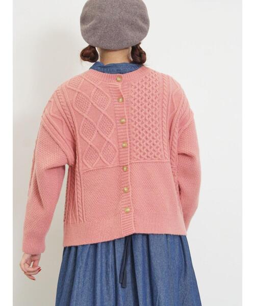 Samansa Mos2（サマンサ モスモス）の「パッチワークケーブル前後2WAYニット（カーディガン/ボレロ・レディース・ピンク/イエロー/キナリ/グリーン/モカ・F）」の13枚目の写真