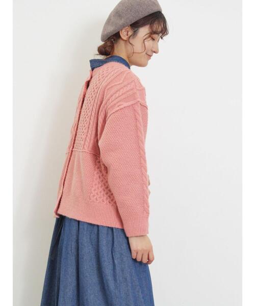 Samansa Mos2（サマンサ モスモス）の「パッチワークケーブル前後2WAYニット（カーディガン/ボレロ・レディース・ピンク/イエロー/キナリ/グリーン/モカ・F）」の14枚目の写真