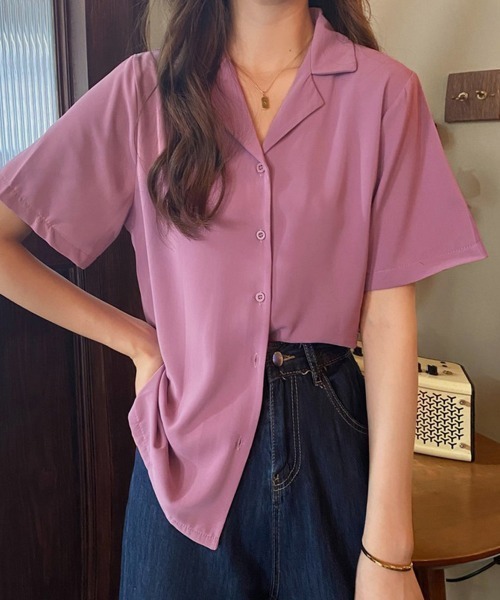 Miniministore(ミニミニストア)の「カラー開襟シャツ レディース 韓国風(Tシャツ/カットソー・レディース・ブラック/ライトイエロー/ブルー/ピンク/マスタード/ホワイト/ラベンダー/ミント・FREE)」の6枚目の写真