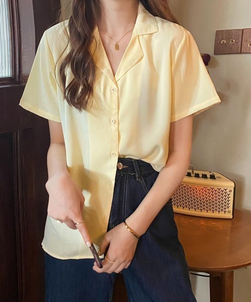 Miniministore(ミニミニストア)の「カラー開襟シャツ レディース 韓国風(Tシャツ/カットソー・レディース・ブラック/ライトイエロー/ブルー/ピンク/マスタード/ホワイト/ラベンダー/ミント・FREE)」の7枚目の写真