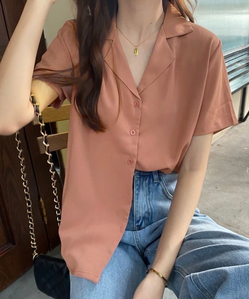 Miniministore(ミニミニストア)の「カラー開襟シャツ レディース 韓国風(Tシャツ/カットソー・レディース・ブラック/ライトイエロー/ブルー/ピンク/マスタード/ホワイト/ラベンダー/ミント・FREE)」の8枚目の写真