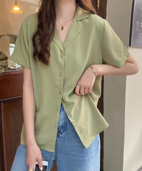 Miniministore(ミニミニストア)の「カラー開襟シャツ レディース 韓国風(Tシャツ/カットソー・レディース・ブラック/ライトイエロー/ブルー/ピンク/マスタード/ホワイト/ラベンダー/ミント・FREE)」の4枚目の写真