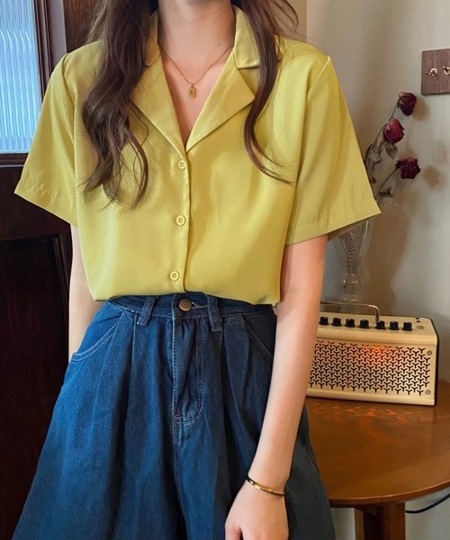 Miniministore(ミニミニストア)の「カラー開襟シャツ レディース 韓国風(Tシャツ/カットソー・レディース・ブラック/ライトイエロー/ブルー/ピンク/マスタード/ホワイト/ラベンダー/ミント・FREE)」の1枚目の写真