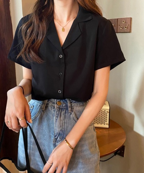Miniministore(ミニミニストア)の「カラー開襟シャツ レディース 韓国風(Tシャツ/カットソー・レディース・ブラック/ライトイエロー/ブルー/ピンク/マスタード/ホワイト/ラベンダー/ミント・FREE)」の17枚目の写真