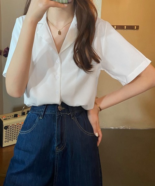 Miniministore(ミニミニストア)の「カラー開襟シャツ レディース 韓国風(Tシャツ/カットソー・レディース・ブラック/ライトイエロー/ブルー/ピンク/マスタード/ホワイト/ラベンダー/ミント・FREE)」の20枚目の写真