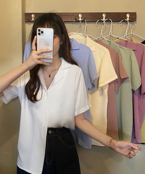 Miniministore(ミニミニストア)の「カラー開襟シャツ レディース 韓国風(Tシャツ/カットソー・レディース・ブラック/ライトイエロー/ブルー/ピンク/マスタード/ホワイト/ラベンダー/ミント・FREE)」の21枚目の写真