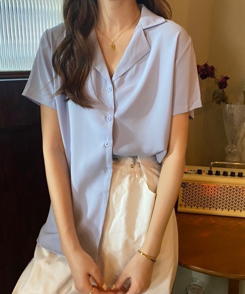 Miniministore(ミニミニストア)の「カラー開襟シャツ レディース 韓国風(Tシャツ/カットソー・レディース・ブラック/ライトイエロー/ブルー/ピンク/マスタード/ホワイト/ラベンダー/ミント・FREE)」の22枚目の写真