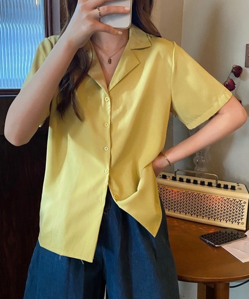 Miniministore(ミニミニストア)の「カラー開襟シャツ レディース 韓国風(Tシャツ/カットソー・レディース・ブラック/ライトイエロー/ブルー/ピンク/マスタード/ホワイト/ラベンダー/ミント・FREE)」の9枚目の写真