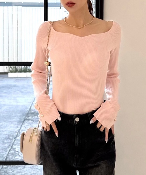 ROYAL PARTY（ロイヤルパーティー）の「ウォッシャブルオープンネック長袖ニットトップス（ニット/セーター・レディース・ピンク/グリーン/ベージュ系その他/ホワイト×ネイビー/オフホワイト/ブラック・FREE）」の6枚目の写真