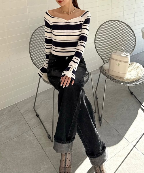 ROYAL PARTY（ロイヤルパーティー）の「ウォッシャブルオープンネック長袖ニットトップス（ニット/セーター・レディース・ピンク/グリーン/ベージュ系その他/ホワイト×ネイビー/オフホワイト/ブラック・FREE）」の12枚目の写真