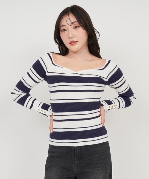 ROYAL PARTY（ロイヤルパーティー）の「ウォッシャブルオープンネック長袖ニットトップス（ニット/セーター・レディース・ピンク/グリーン/ベージュ系その他/ホワイト×ネイビー/オフホワイト/ブラック・FREE）」の7枚目の写真