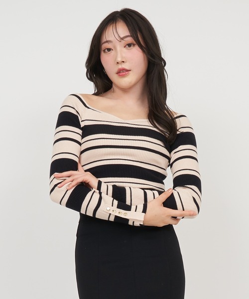 ROYAL PARTY（ロイヤルパーティー）の「ウォッシャブルオープンネック長袖ニットトップス（ニット/セーター・レディース・ピンク/グリーン/ベージュ系その他/ホワイト×ネイビー/オフホワイト/ブラック・FREE）」の15枚目の写真