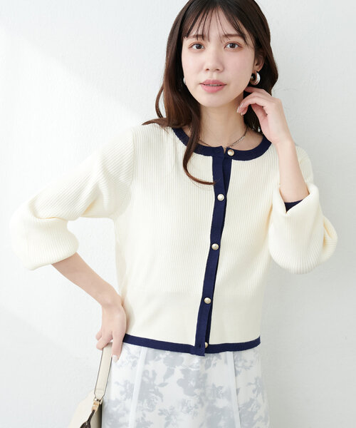 natural couture(ナチュラルクチュール)の「【WEB限定】バイカラーレトロショートカーデ(カーディガン/ボレロ・レディース・ベージュ/ミント/オフホワイト/ブラック・FREE)」の5枚目の写真