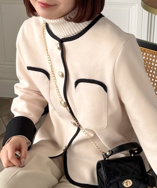 clear（クリア）の「配色パイピングポケット付キジャケット[綺麗目 オフィスカジュアル 着回し抜群 大人 カジュアル] ≪2025SS新作≫（その他アウター・レディース・アイボリー/グレー・F）」の2枚目の写真