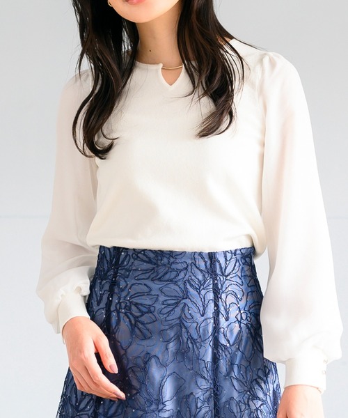 MISCH MASCH（ミッシュマッシュ）の「シフォン袖バー付きニット（ニット/セーター・レディース・ネイビー/ホワイト/ラベンダー・ﾌﾘ-）」の2枚目の写真
