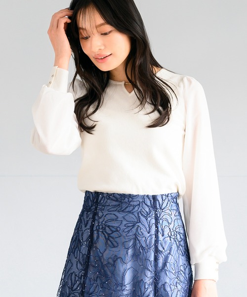 MISCH MASCH（ミッシュマッシュ）の「シフォン袖バー付きニット（ニット/セーター・レディース・ネイビー/ホワイト/ラベンダー・ﾌﾘ-）」の5枚目の写真