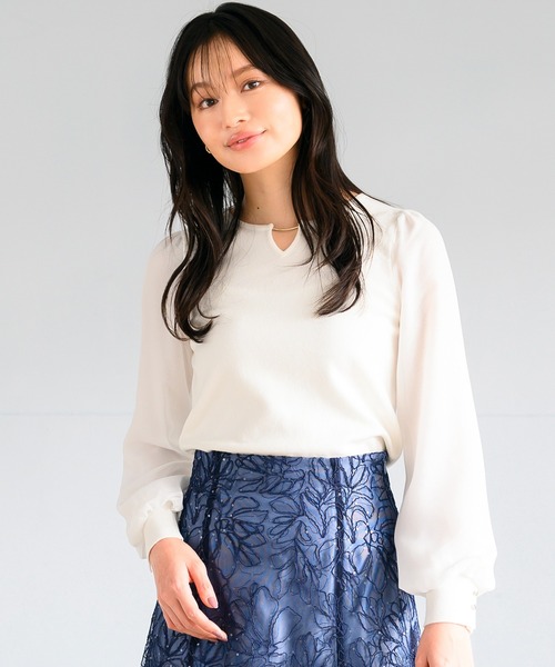 MISCH MASCH（ミッシュマッシュ）の「シフォン袖バー付きニット（ニット/セーター・レディース・ネイビー/ホワイト/ラベンダー・ﾌﾘ-）」の7枚目の写真