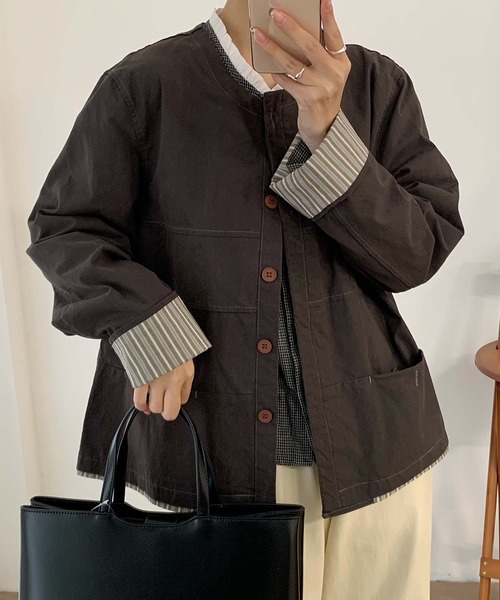 aimoha（アイモハ）の「コットンカジュアルジャケット（ノーカラージャケット・レディース・チョコ/ライトベージュ/グレー・MEDIUM/LARGE）」の2枚目の写真