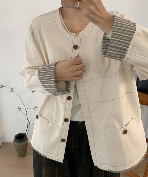 aimoha（アイモハ）の「コットンカジュアルジャケット（ノーカラージャケット・レディース・チョコ/ライトベージュ/グレー・MEDIUM/LARGE）」の3枚目の写真