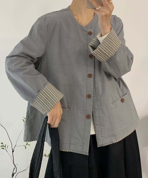 aimoha（アイモハ）の「コットンカジュアルジャケット（ノーカラージャケット・レディース・チョコ/ライトベージュ/グレー・MEDIUM/LARGE）」の4枚目の写真