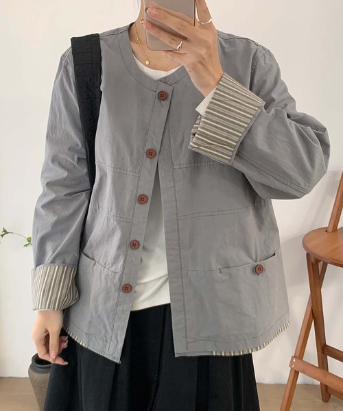 aimoha（アイモハ）の「コットンカジュアルジャケット（ノーカラージャケット・レディース・チョコ/ライトベージュ/グレー・MEDIUM/LARGE）」の5枚目の写真