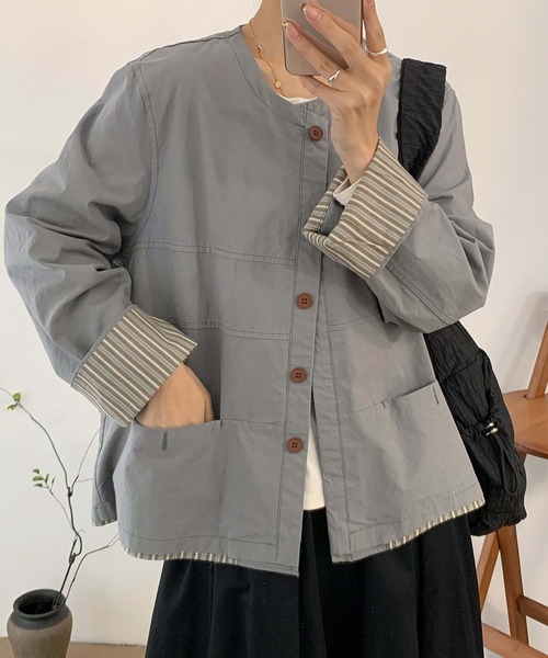 aimoha（アイモハ）の「コットンカジュアルジャケット（ノーカラージャケット・レディース・チョコ/ライトベージュ/グレー・MEDIUM/LARGE）」の6枚目の写真