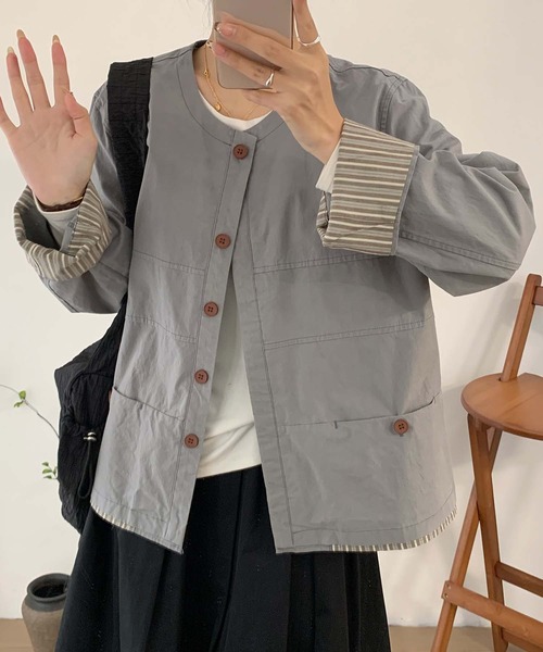 aimoha（アイモハ）の「コットンカジュアルジャケット（ノーカラージャケット・レディース・チョコ/ライトベージュ/グレー・MEDIUM/LARGE）」の10枚目の写真