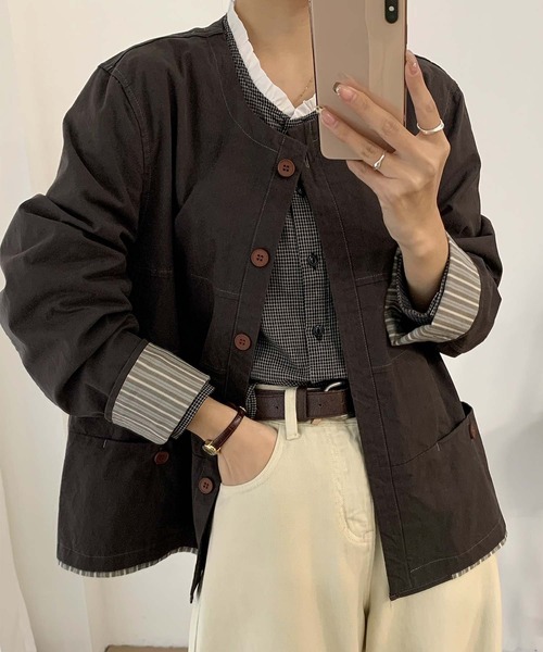 aimoha（アイモハ）の「コットンカジュアルジャケット（ノーカラージャケット・レディース・チョコ/ライトベージュ/グレー・MEDIUM/LARGE）」の22枚目の写真