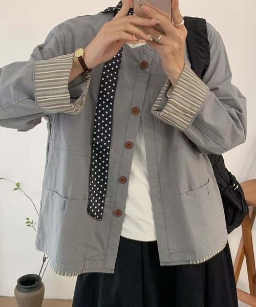 aimoha（アイモハ）の「コットンカジュアルジャケット（ノーカラージャケット・レディース・チョコ/ライトベージュ/グレー・MEDIUM/LARGE）」の7枚目の写真