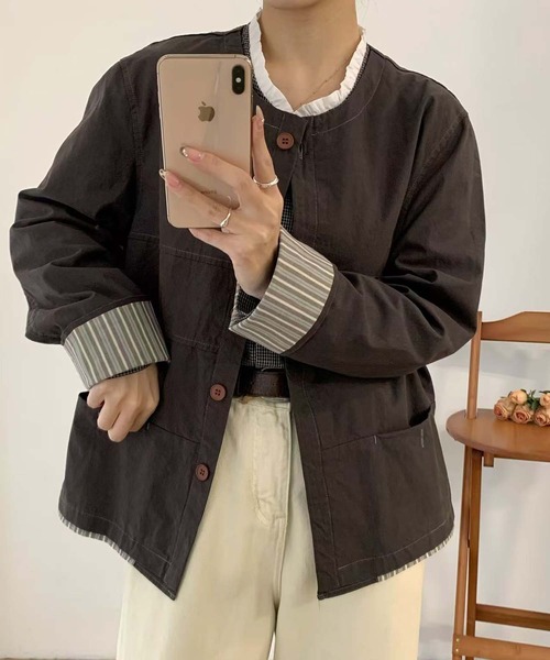 aimoha（アイモハ）の「コットンカジュアルジャケット（ノーカラージャケット・レディース・チョコ/ライトベージュ/グレー・MEDIUM/LARGE）」の21枚目の写真