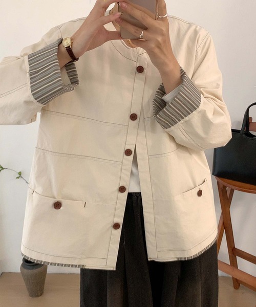 aimoha（アイモハ）の「コットンカジュアルジャケット（ノーカラージャケット・レディース・チョコ/ライトベージュ/グレー・MEDIUM/LARGE）」の13枚目の写真