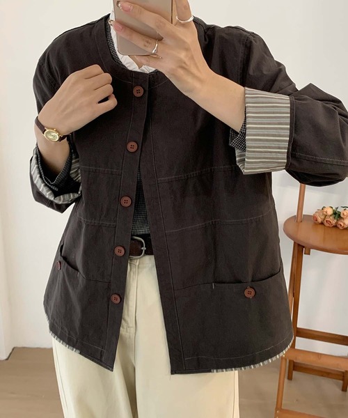 aimoha（アイモハ）の「コットンカジュアルジャケット（ノーカラージャケット・レディース・チョコ/ライトベージュ/グレー・MEDIUM/LARGE）」の20枚目の写真