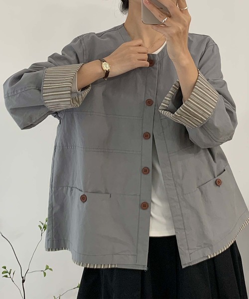 aimoha（アイモハ）の「コットンカジュアルジャケット（ノーカラージャケット・レディース・チョコ/ライトベージュ/グレー・MEDIUM/LARGE）」の11枚目の写真