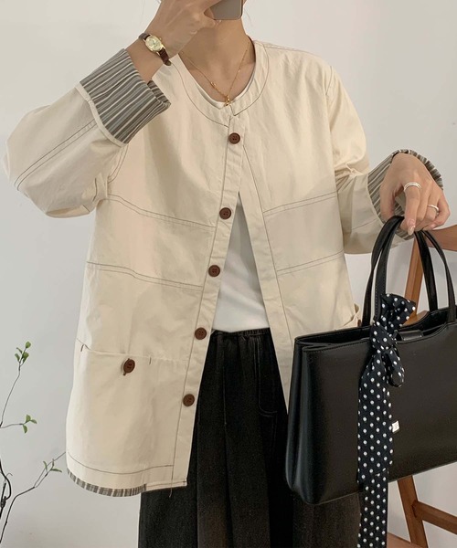 aimoha（アイモハ）の「コットンカジュアルジャケット（ノーカラージャケット・レディース・チョコ/ライトベージュ/グレー・MEDIUM/LARGE）」の14枚目の写真