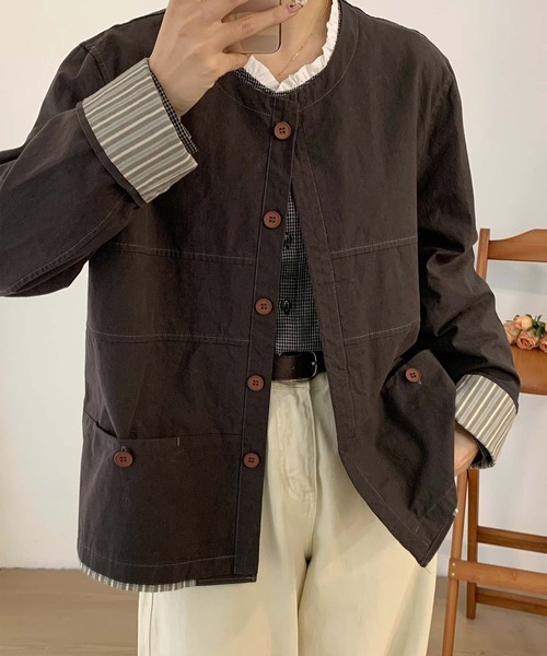 aimoha（アイモハ）の「コットンカジュアルジャケット（ノーカラージャケット・レディース・チョコ/ライトベージュ/グレー・MEDIUM/LARGE）」の19枚目の写真