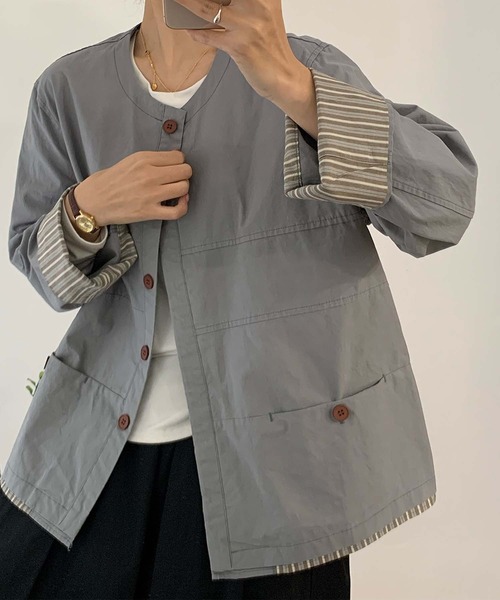 aimoha（アイモハ）の「コットンカジュアルジャケット（ノーカラージャケット・レディース・チョコ/ライトベージュ/グレー・MEDIUM/LARGE）」の8枚目の写真