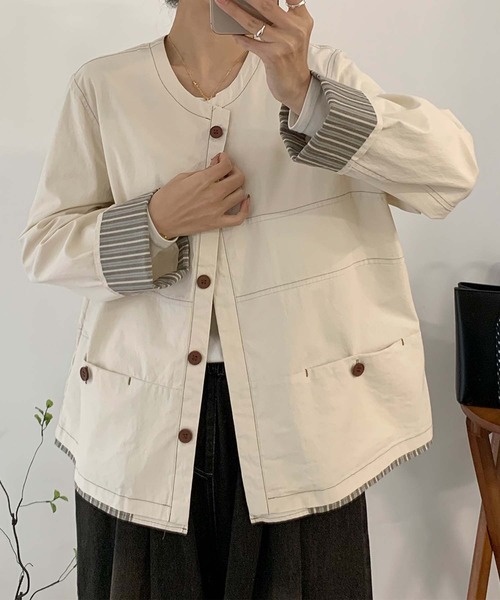 aimoha（アイモハ）の「コットンカジュアルジャケット（ノーカラージャケット・レディース・チョコ/ライトベージュ/グレー・MEDIUM/LARGE）」の15枚目の写真