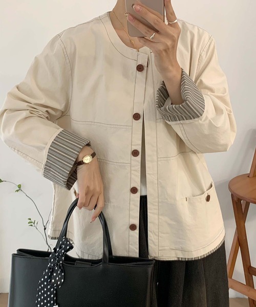 aimoha（アイモハ）の「コットンカジュアルジャケット（ノーカラージャケット・レディース・チョコ/ライトベージュ/グレー・MEDIUM/LARGE）」の16枚目の写真