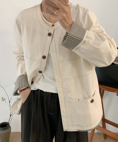 aimoha（アイモハ）の「コットンカジュアルジャケット（ノーカラージャケット・レディース・チョコ/ライトベージュ/グレー・MEDIUM/LARGE）」の17枚目の写真