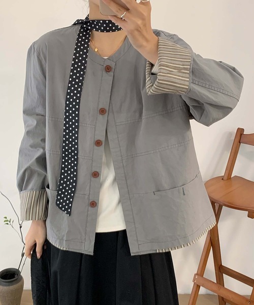 aimoha（アイモハ）の「コットンカジュアルジャケット（ノーカラージャケット・レディース・チョコ/ライトベージュ/グレー・MEDIUM/LARGE）」の9枚目の写真