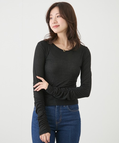 Jayro(ジャイロ)の「袖シャーリングトップス(Tシャツ/カットソー・レディース・チャコールグレー/ブラック/ホワイト系その他・M)」の3枚目の写真