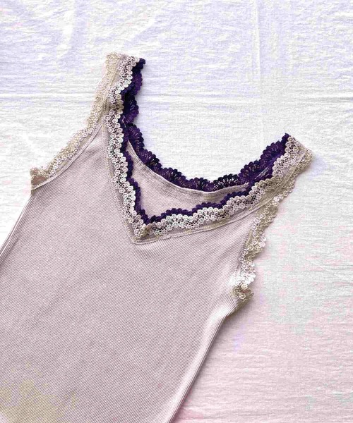 Q(キュー)の「バイカラーテレコタンク(タンクトップ・レディース・アイボリー/ピンク/エメラルド/ブラウン/チャコールグレー/ベージュ/パープル・MEDIUM)」の12枚目の写真