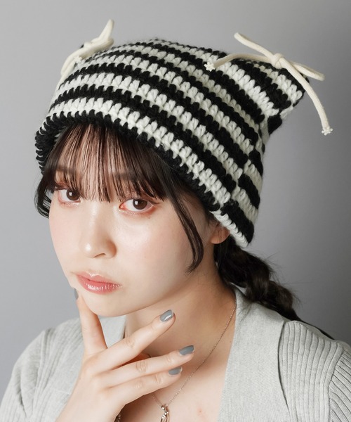 セール】猫耳ニット帽/ボーダー2リボン（ニットキャップ/ビーニー