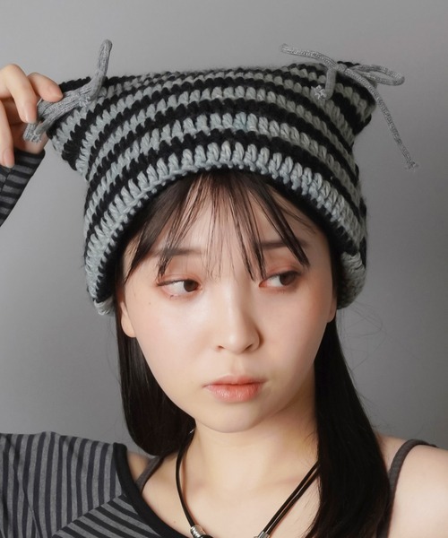 セール】猫耳ニット帽/ボーダー2リボン（ニットキャップ/ビーニー