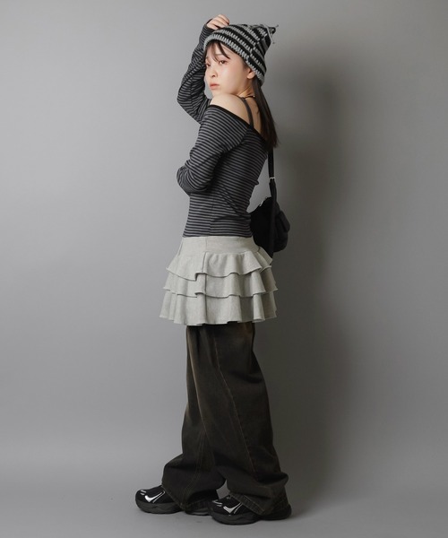 SPINNS（スピンズ）の「猫耳ニット帽/ボーダー2リボン（ニットキャップ/ビーニー・レディース・ホワイト×ブラック/グレー系その他・ONESIZE）」の13枚目の写真