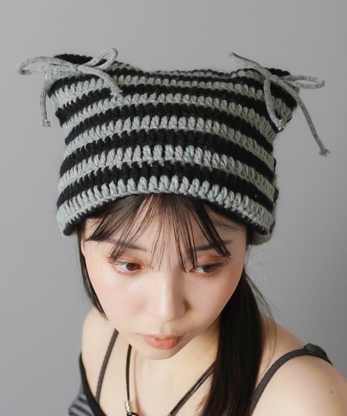 セール】猫耳ニット帽/ボーダー2リボン（ニットキャップ/ビーニー