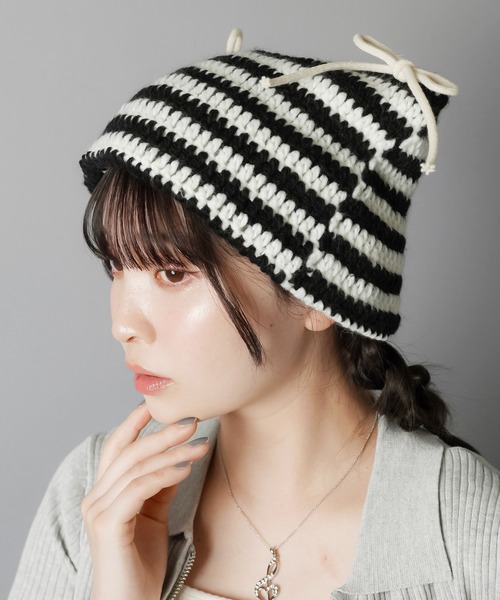 セール】猫耳ニット帽/ボーダー2リボン（ニットキャップ/ビーニー