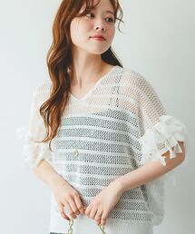 透かし編みリボンVネックフレンチ
